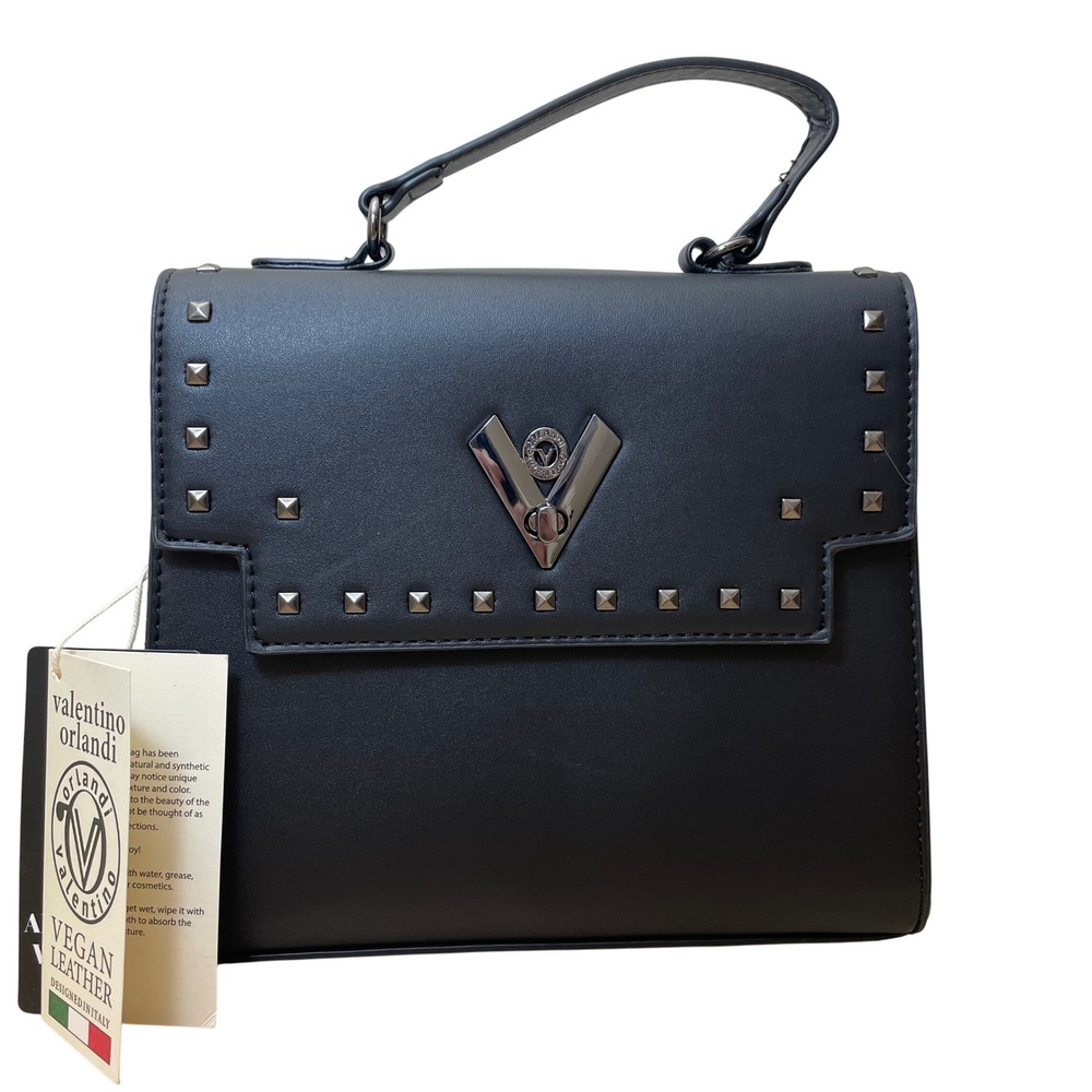 Valentino Orlandi Black Vegan‎ Leather Studded Top Handle Bag with Wallet NWT